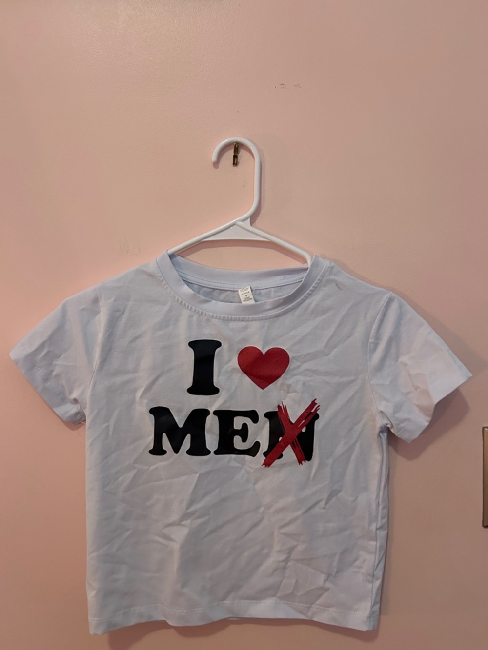 Amazon White Crop Top with Black Lettering and Red Heart Graphic